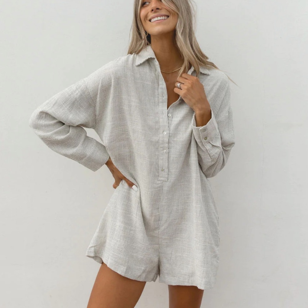 Light Beige Collared Romper - Women's Casual Loose Fit